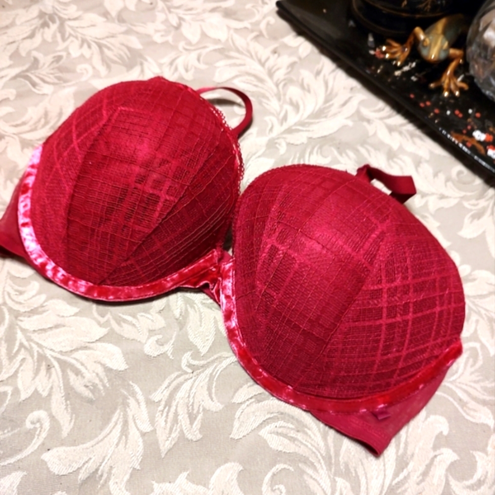 🥀 NWOT VS Dark Fuchsia Plaid Scalloped Underwire Sexy Push-Up Bra - 38D - Picture 2 of 16
